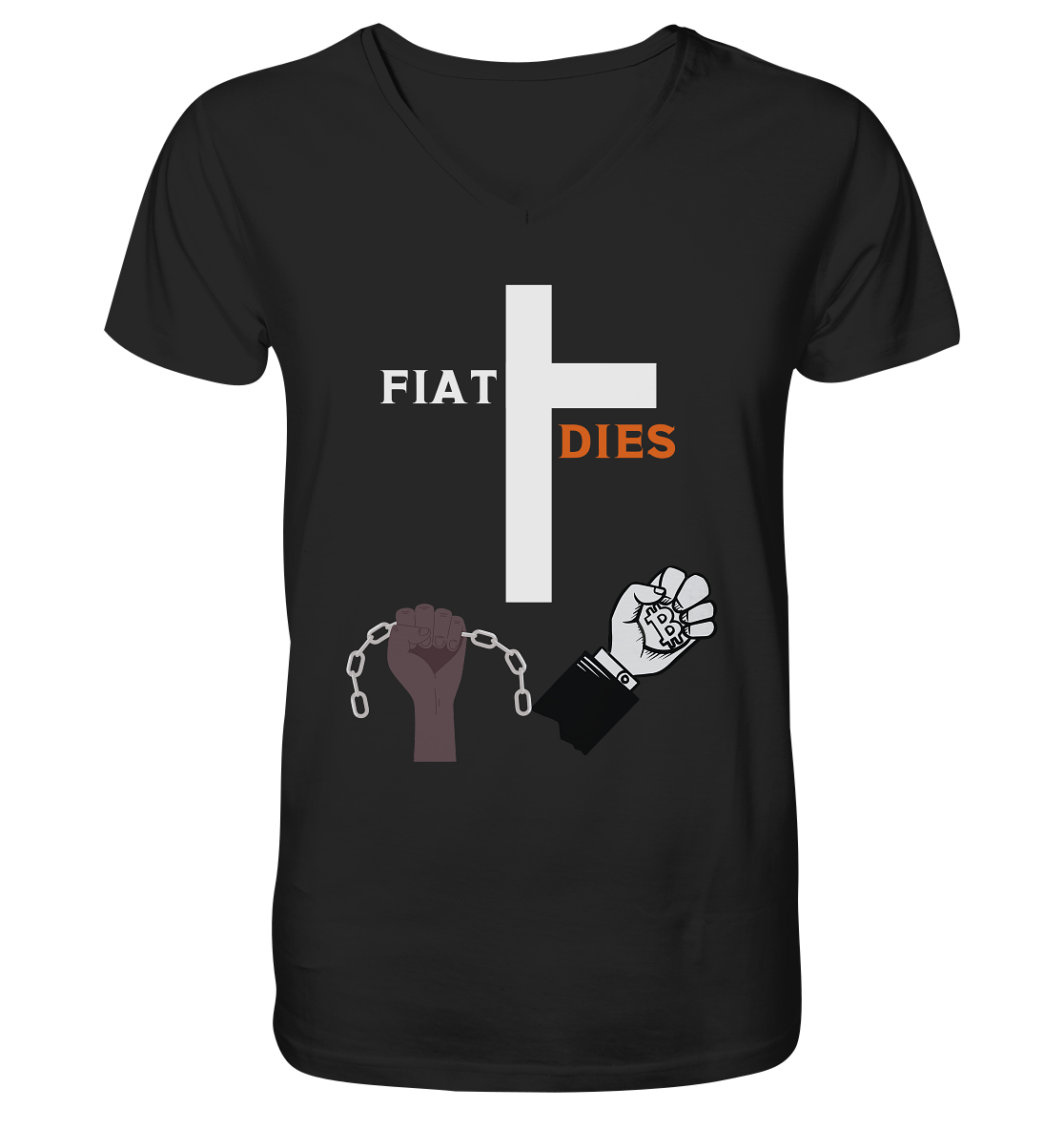 FIAT DIES (Kreuz + gesprengte Ketten & Hand mit Bitcoin) - Mens Organic V-Neck Shirt