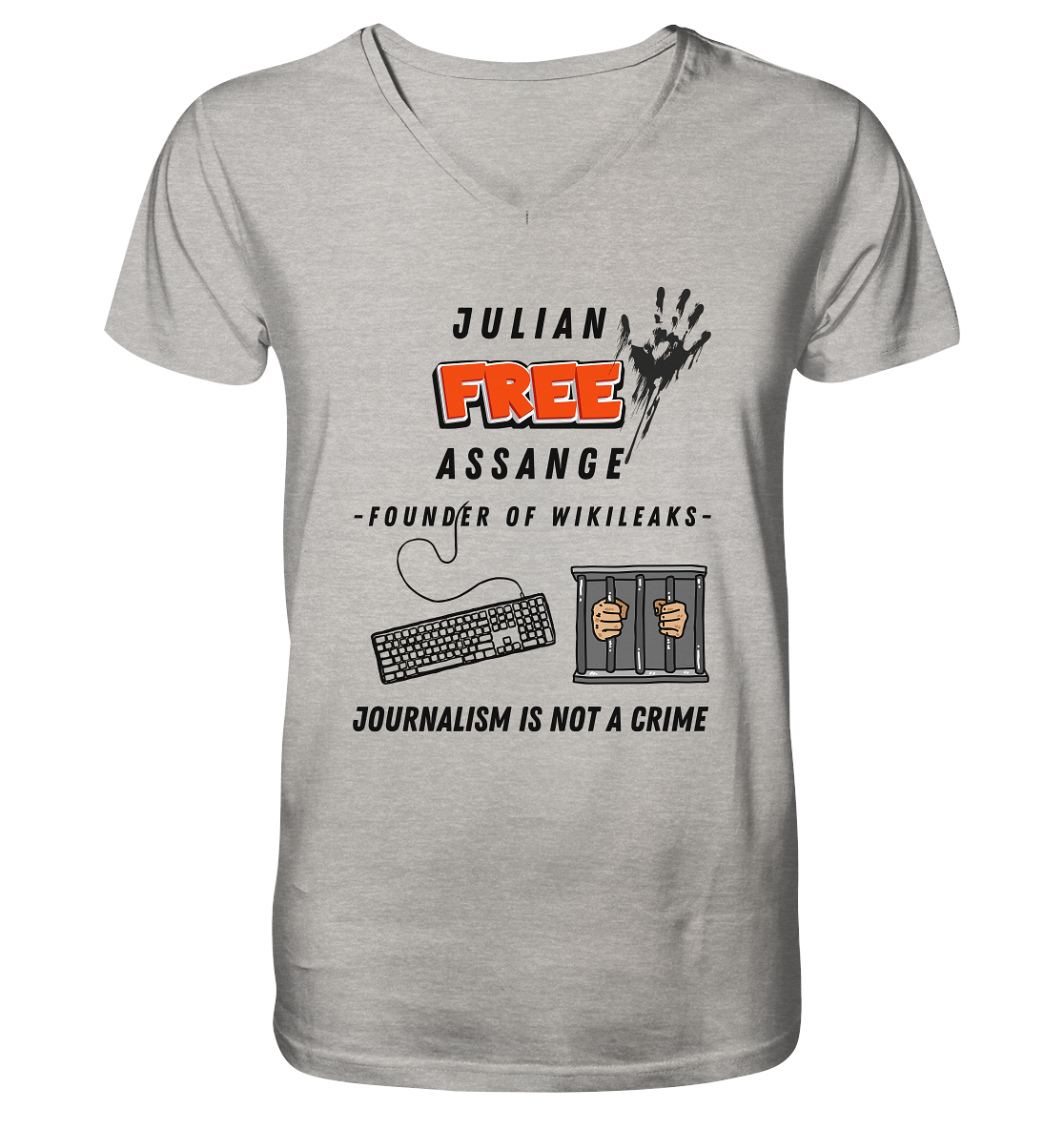 JULIAN FREE ASSANGE - FOUNDER OF WIKILEAKS - JOURNALISM IS NOT A CRIME (GRAFIKEN, Tastatur, Zelle, Hand))  - Mens Organic V-Neck Shirt