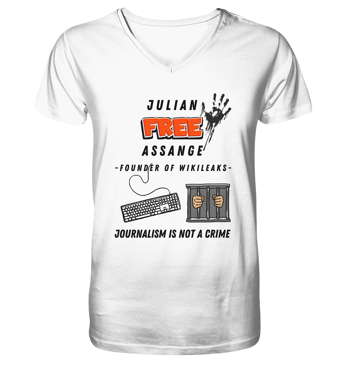 JULIAN FREE ASSANGE - FOUNDER OF WIKILEAKS - JOURNALISM IS NOT A CRIME (GRAFIKEN, Tastatur, Zelle, Hand))  - Mens Organic V-Neck Shirt