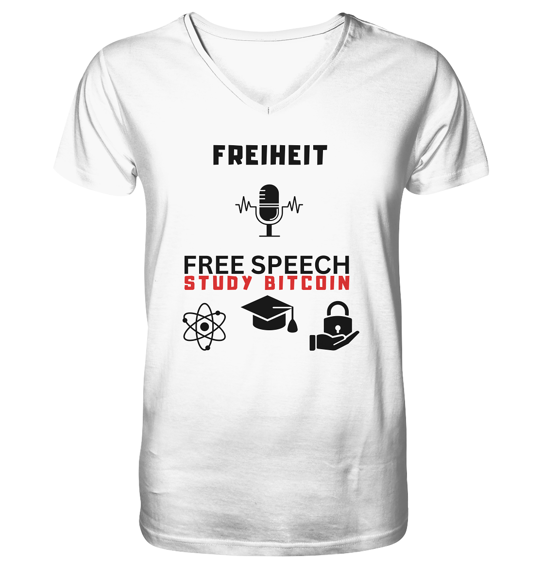 FREIHEIT (Mikrofon) FREE SPEECH, STUDY BITCOIN (+ 3 Grafiken) - Mens Organic V-Neck Shirt