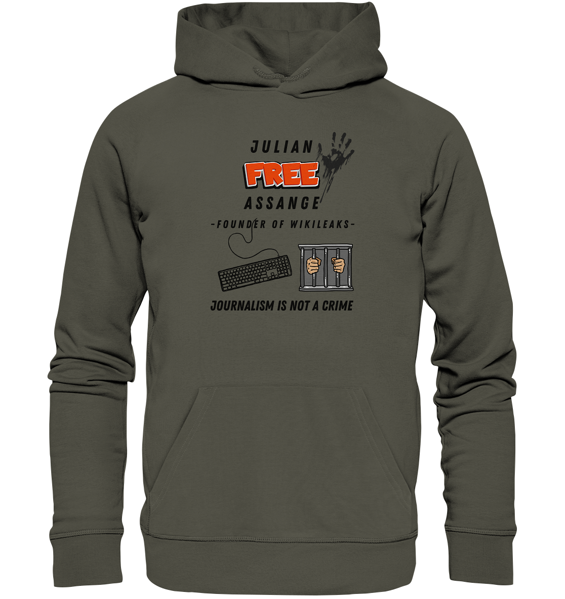 JULIAN FREE ASSANGE - FOUNDER OF WIKILEAKS - JOURNALISM IS NOT A CRIME (GRAFIKEN, Tastatur, Zelle, Hand))  - Organic Basic Hoodie