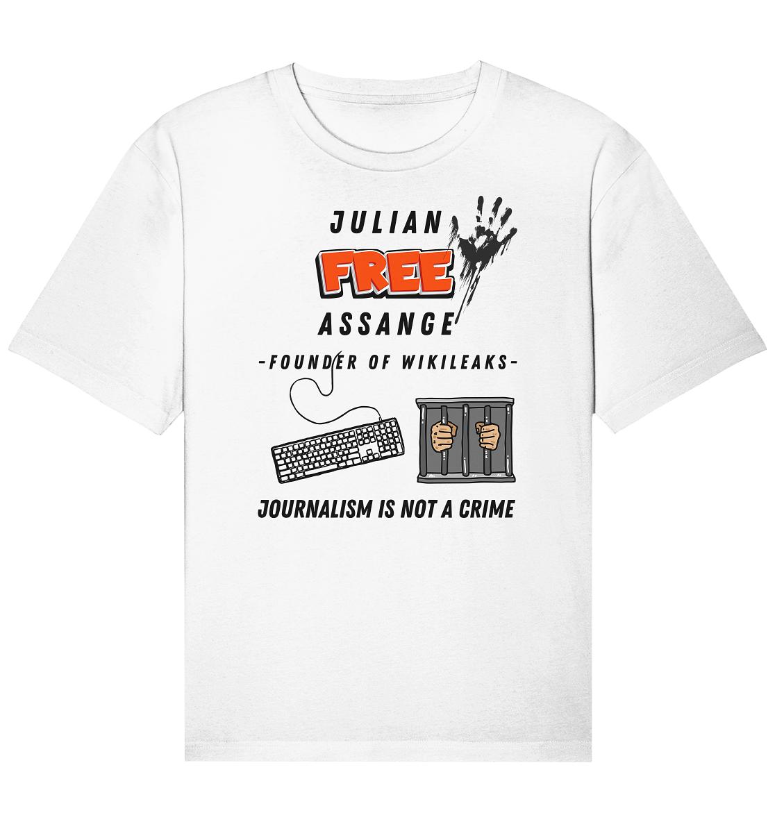 JULIAN FREE ASSANGE - FOUNDER OF WIKILEAKS - JOURNALISM IS NOT A CRIME (GRAFIKEN, Tastatur, Zelle, Hand))  - Organic Relaxed Shirt