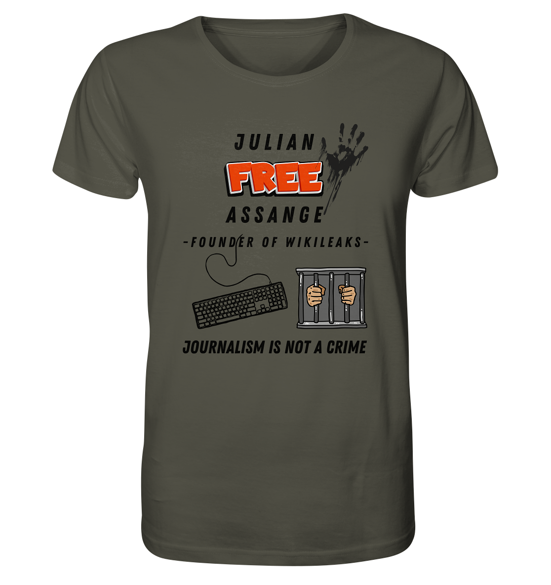 JULIAN FREE ASSANGE - FOUNDER OF WIKILEAKS - JOURNALISM IS NOT A CRIME (GRAFIKEN, Tastatur, Zelle, Hand))  - Organic Shirt