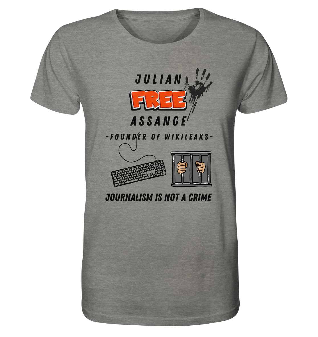 JULIAN FREE ASSANGE - FOUNDER OF WIKILEAKS - JOURNALISM IS NOT A CRIME (GRAFIKEN, Tastatur, Zelle, Hand))  - Organic Shirt (meliert)