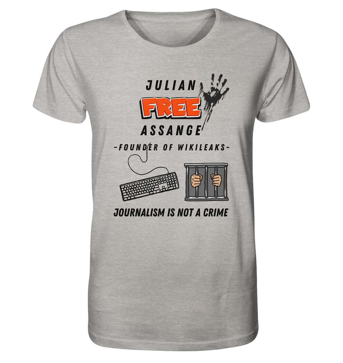 JULIAN FREE ASSANGE - FOUNDER OF WIKILEAKS - JOURNALISM IS NOT A CRIME (GRAFIKEN, Tastatur, Zelle, Hand))  - Organic Shirt (meliert)