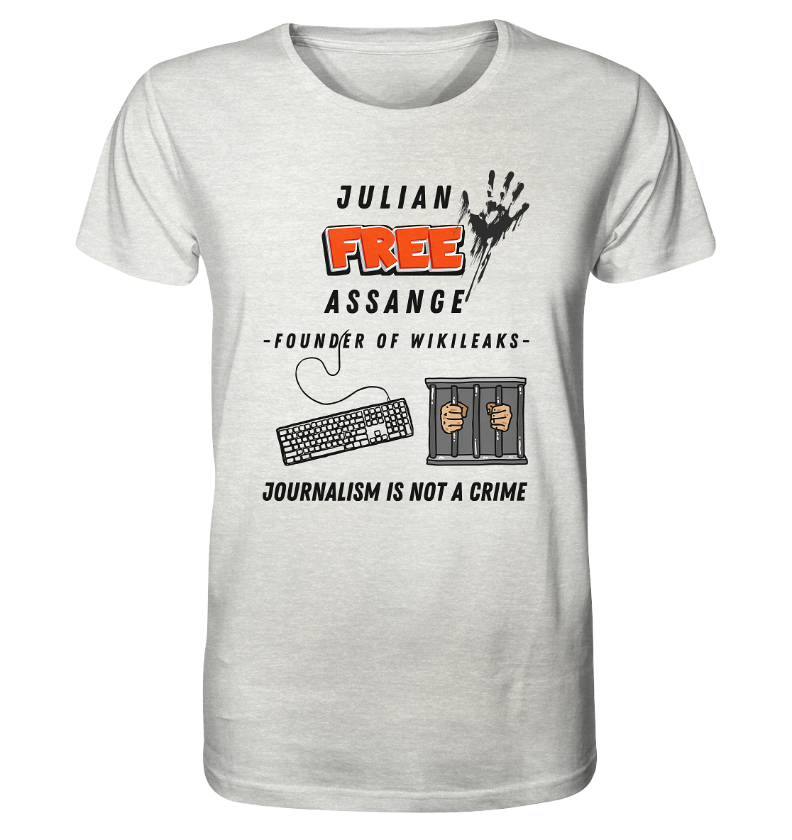 JULIAN FREE ASSANGE - FOUNDER OF WIKILEAKS - JOURNALISM IS NOT A CRIME (GRAFIKEN, Tastatur, Zelle, Hand))  - Organic Shirt (meliert)