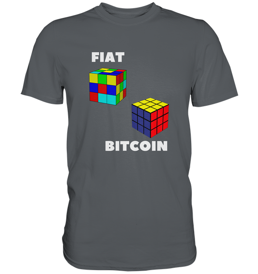 FIAT Cube & BITCOIN Cube - weisse Schrift, gerade (Ladies Collection 21% Rabatt bis zum Halving 2024) - Premium Shirt