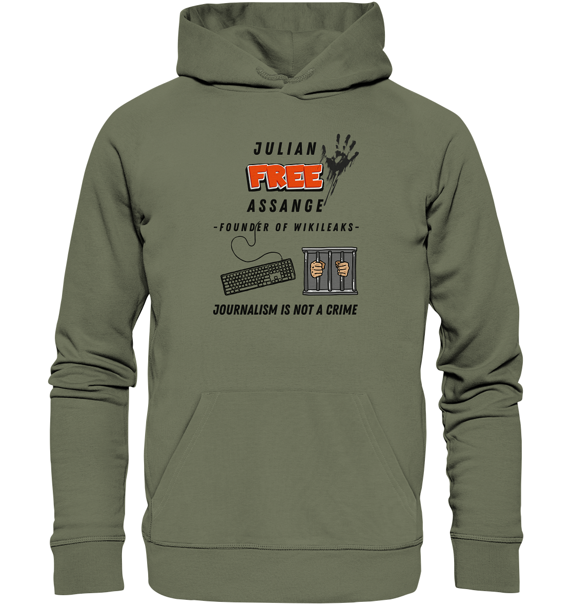 JULIAN FREE ASSANGE - FOUNDER OF WIKILEAKS - JOURNALISM IS NOT A CRIME (GRAFIKEN, Tastatur, Zelle, Hand))  - Premium Unisex Hoodie