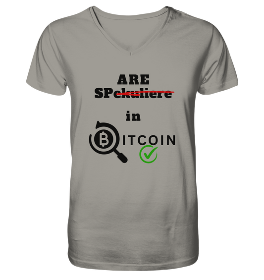 SPARE in BITCOIN (Version "nicht spekuliere", Lupe, grüner Haken)  - V-Neck Shirt