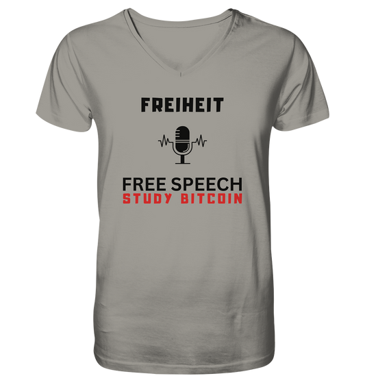 FREIHEIT (Mikrofon) FREE SPEECH, STUDY BITCOIN  - V-Neck Shirt