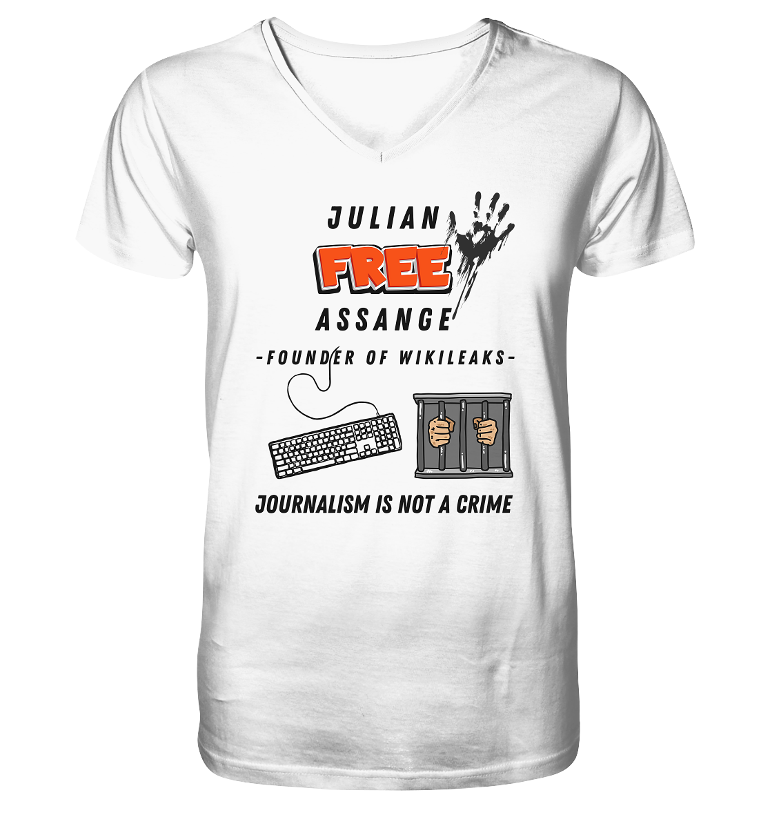 JULIAN FREE ASSANGE - FOUNDER OF WIKILEAKS - JOURNALISM IS NOT A CRIME (GRAFIKEN, Tastatur, Zelle, Hand))  - V-Neck Shirt